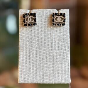 CHANEL Leather & Strass Square Woven CC Stud Earrings